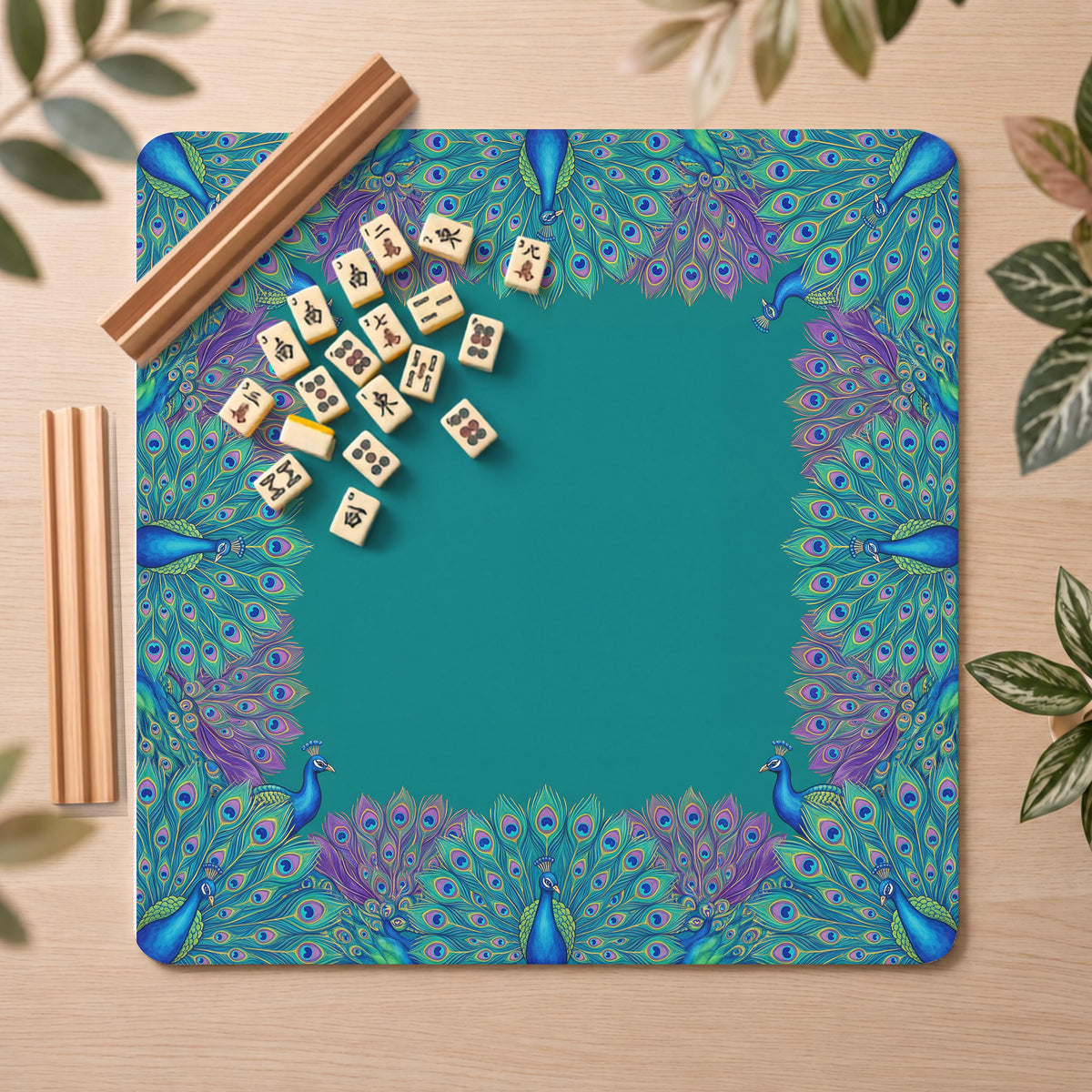 Peacock Mahjong Mat, Teal Jewel-Tone Feather Print, Non-Slip Fabric with Storage Bag
