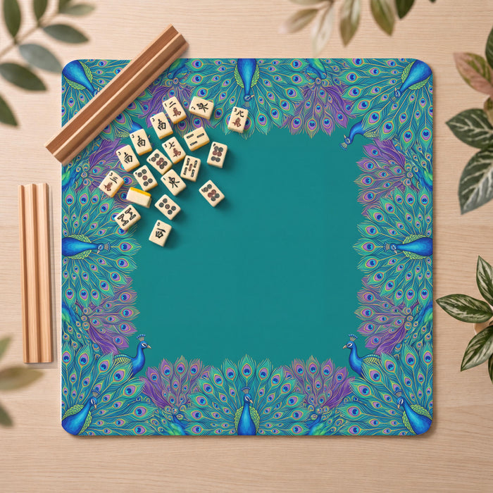 Peacock Mahjong Mat, Teal Jewel-Tone Feather Print, Non-Slip Fabric with Storage Bag