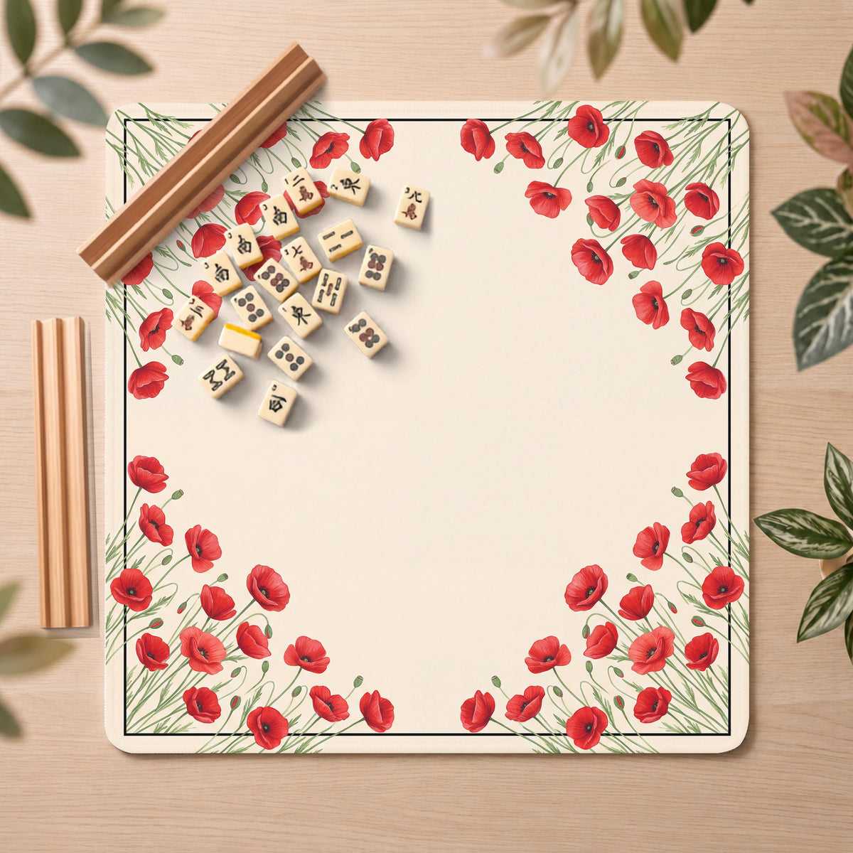Red Mahjong Mat, Ivory Poppy Floral Print, Non-Slip Fabric with Storage Bag