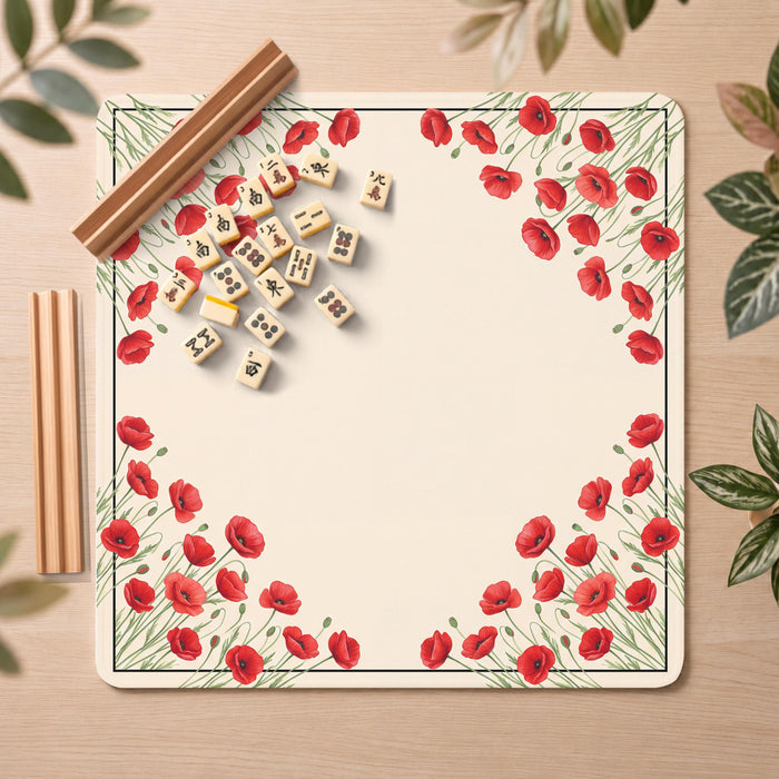 Red Mahjong Mat, Ivory Poppy Floral Print, Non-Slip Fabric with Storage Bag