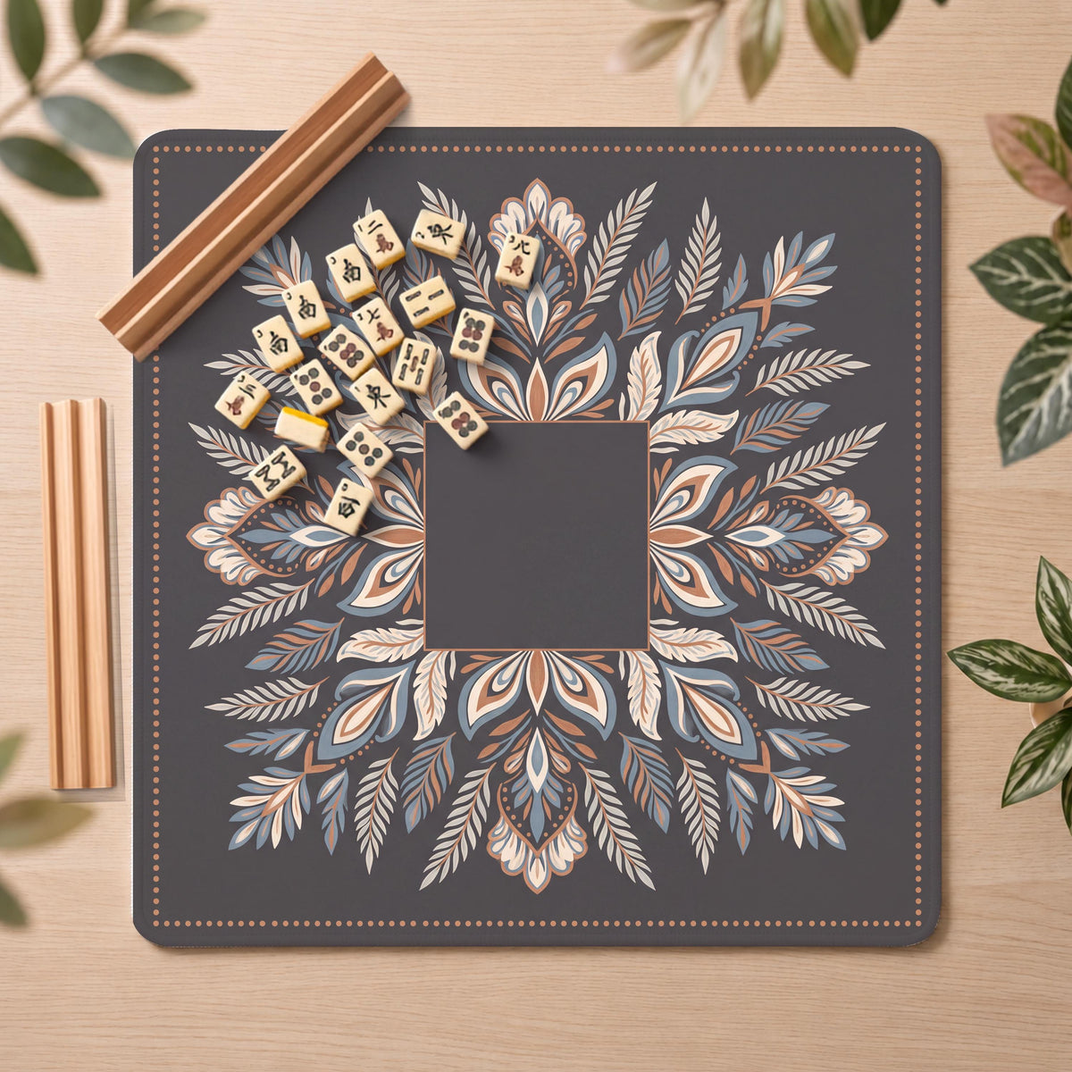 Boho Medallion Mahjong Mat, Charcoal & Copper Print, Non-Slip Fabric with Storage Bag