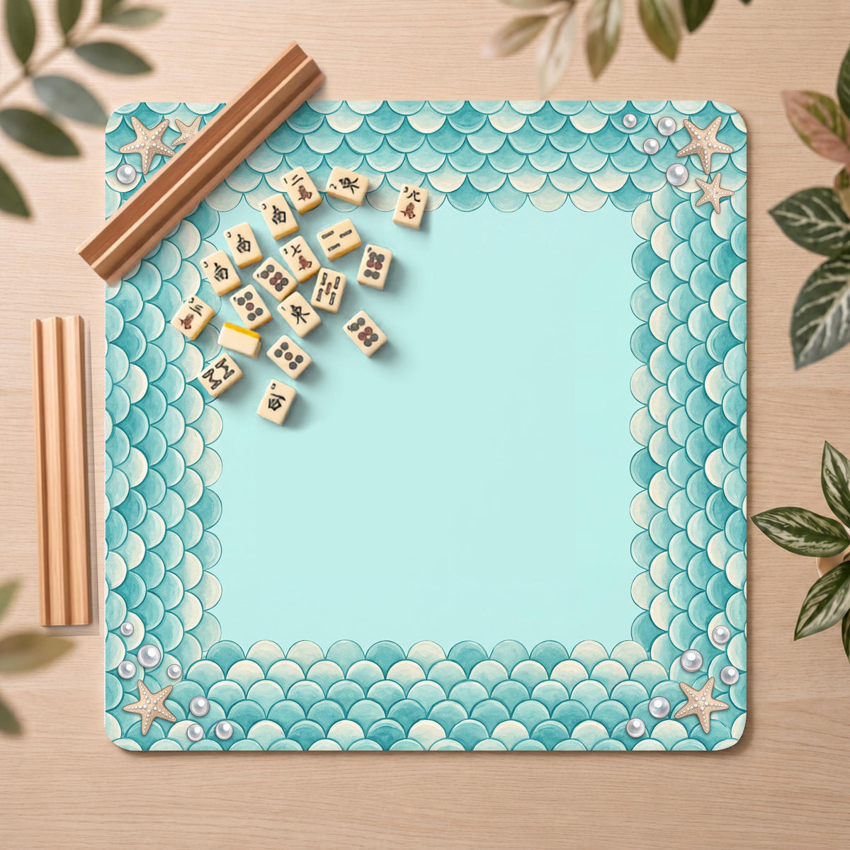 Mermaid Mahjong Mat, Teal Scale Starfish Print, Non-Slip Fabric with Storage Bag