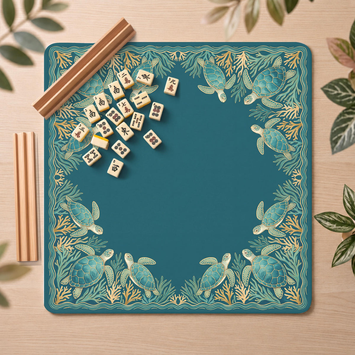 Sea Turtle Mahjong Mat, Teal Coastal Print, Non-Slip Fabric with Storage Bag
