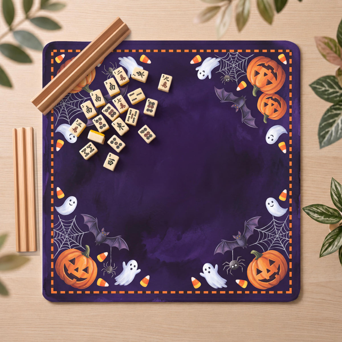 Halloween Pumpkin Mahjong Mat, Purple Ghost Print, Non-Slip Fabric with Storage Bag