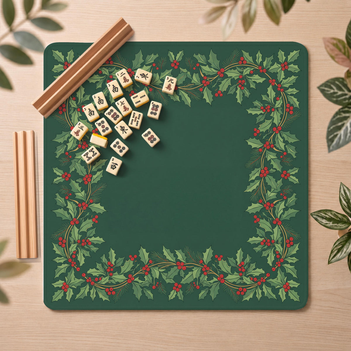 Christmas Holly Mahjong Mat, Green Red Berry Print, Non-Slip Fabric with Storage Bag