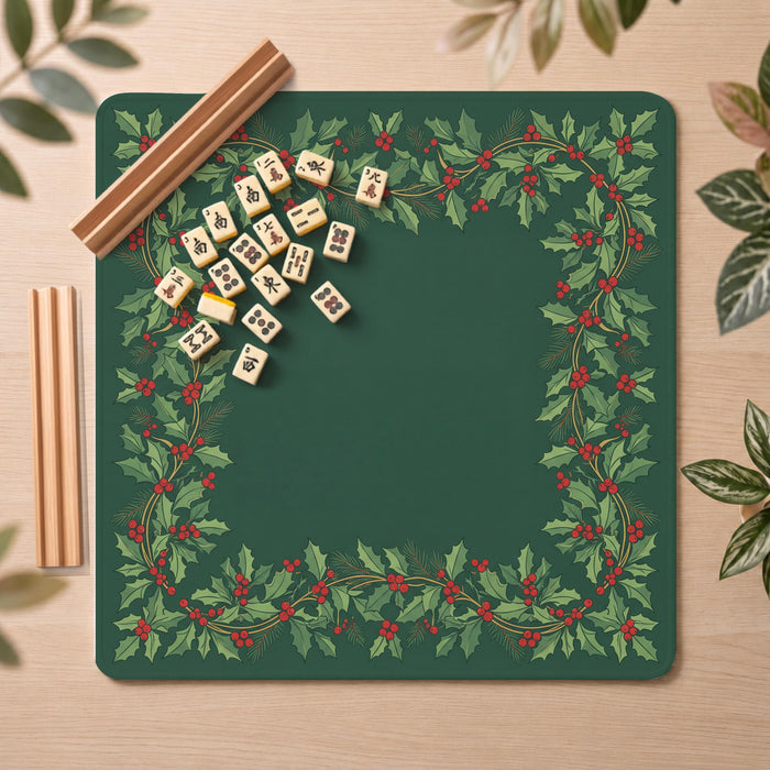 Christmas Holly Mahjong Mat, Green Red Berry Print, Non-Slip Fabric with Storage Bag