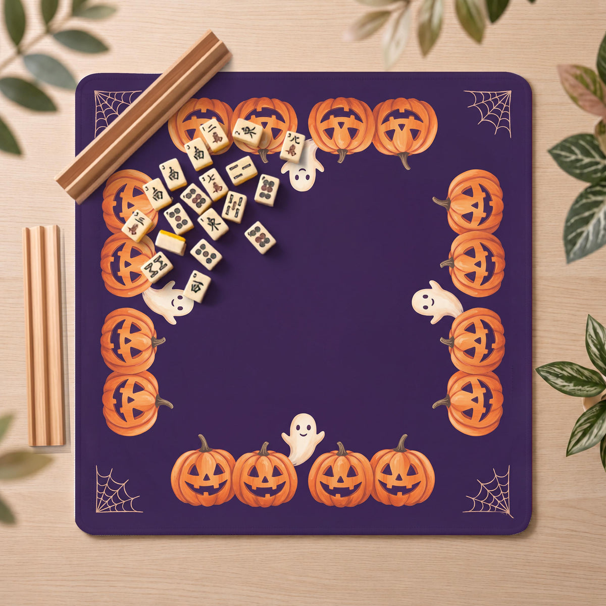 Jack-o-Lantern Mahjong Mat, Purple Halloween Ghost Print, Non-Slip Fabric with Storage Bag