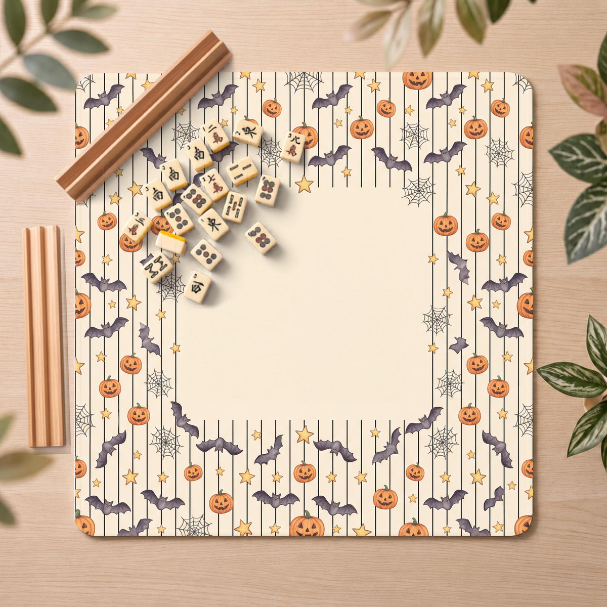 Halloween Mahjong Mat, Storybook Pumpkin Stripe Print, Non-Slip Fabric with Storage Bag