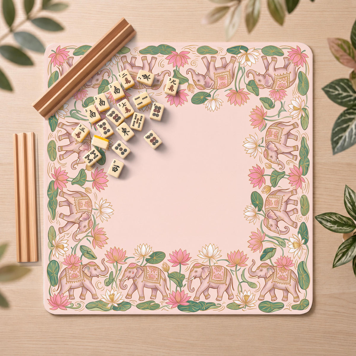 Elephant Mahjong Mat, Blush Lotus Print, Non-Slip Fabric with Storage Bag