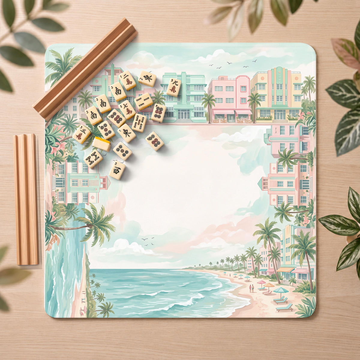 Miami South Beach Mahjong Mat, Pastel Art Deco Print, Non-Slip Fabric with Storage Bag