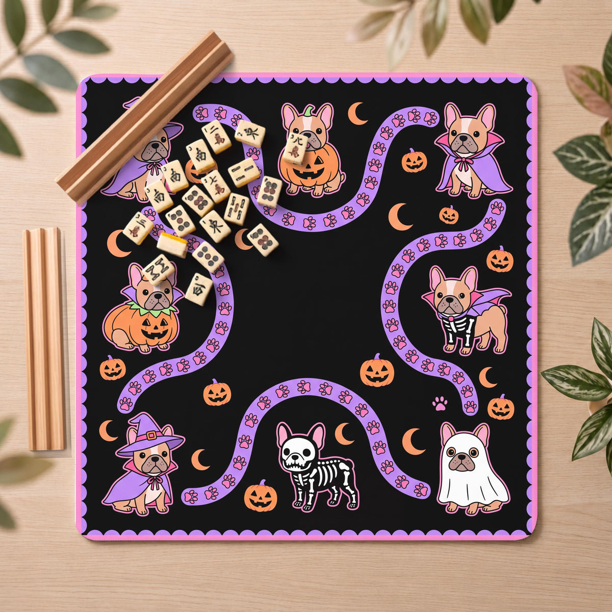 French Bulldog Trick-or-Treat Mahjong Mat, Purple Pink Costume Print, Non-Slip Fabric with Storage Bag
