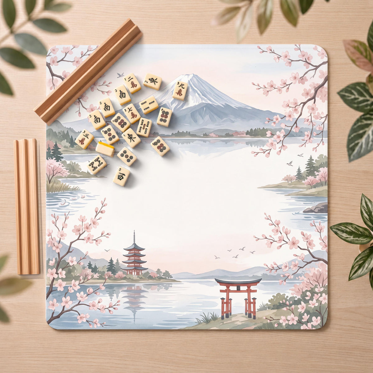 Mount Fuji Mahjong Mat, Cherry Blossom Lake Print, Non-Slip Fabric with Storage Bag