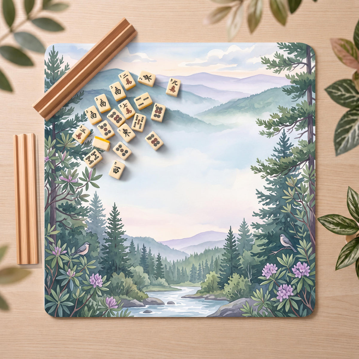 Great Smoky Mountains Mahjong Mat, Misty Ridge Wildflower Print, Non-Slip Fabric with Storage Bag
