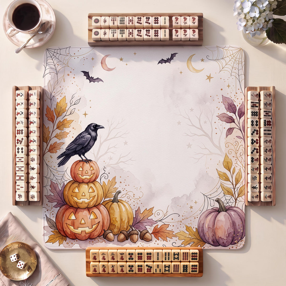 Mahjong Mat, Raven Pumpkin Stack Halloween Watercolor Print - American Mahjong Gifts and Accessories