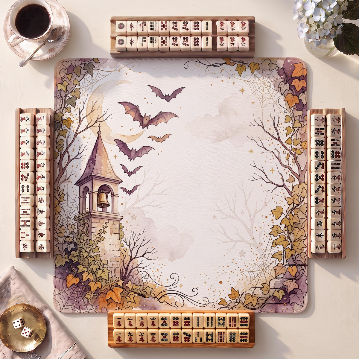 Mahjong Mat, Bat Colony Belfry Halloween Watercolor Print - American Mahjong Gifts and Accessories