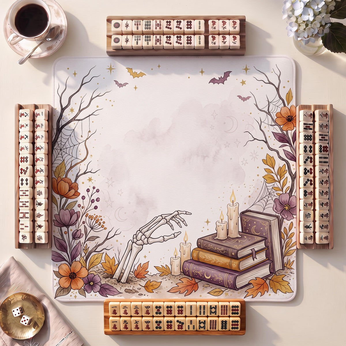 Mahjong Mat, Skeleton Hand Altar Halloween Watercolor Print - For Family Game Night