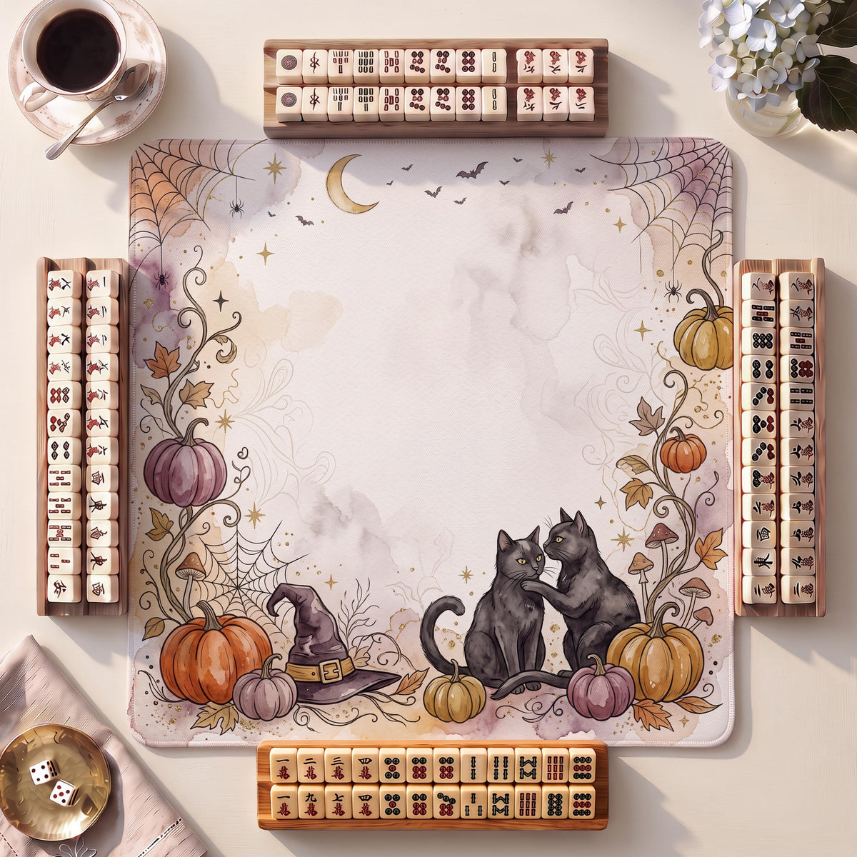 Mahjong Mat, Witch Familiars Cats Halloween Watercolor Print - American Mahjong Gifts and Accessories