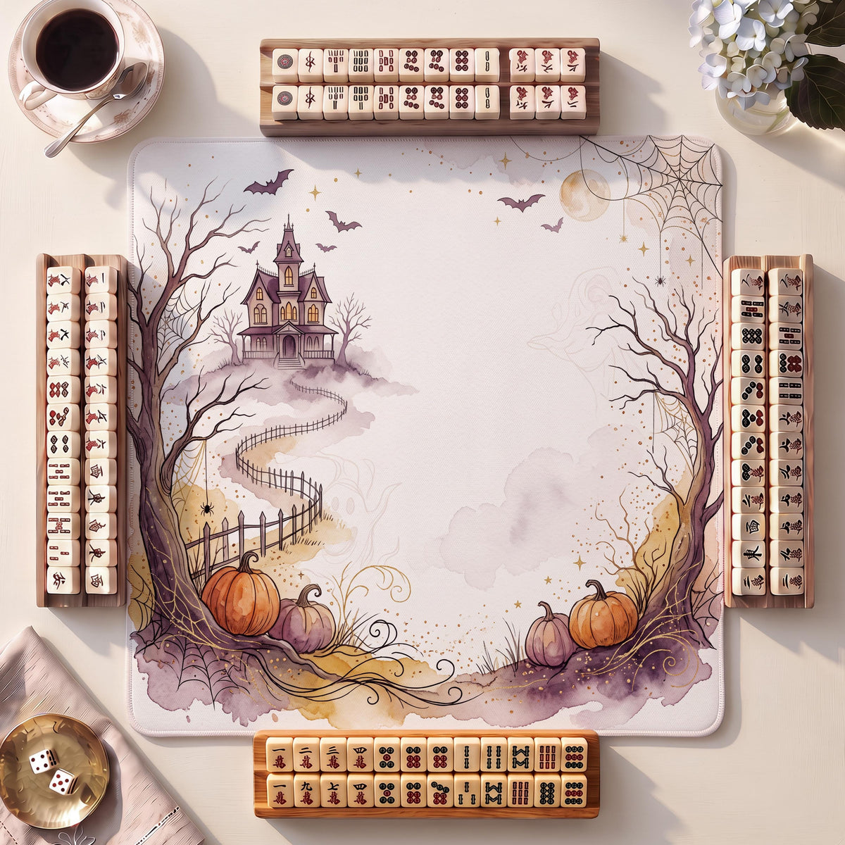 Mahjong Mat, Haunted House Hill Halloween Watercolor Print - American Mahjong Gifts and Accessories