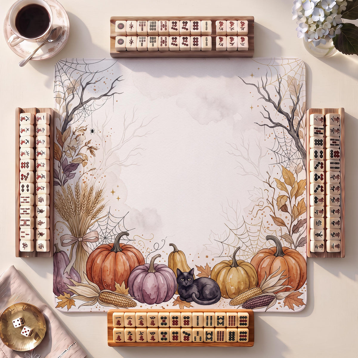 Mahjong Mat, Harvest Mashup Halloween Watercolor Print - American Mahjong Gifts and Accessories