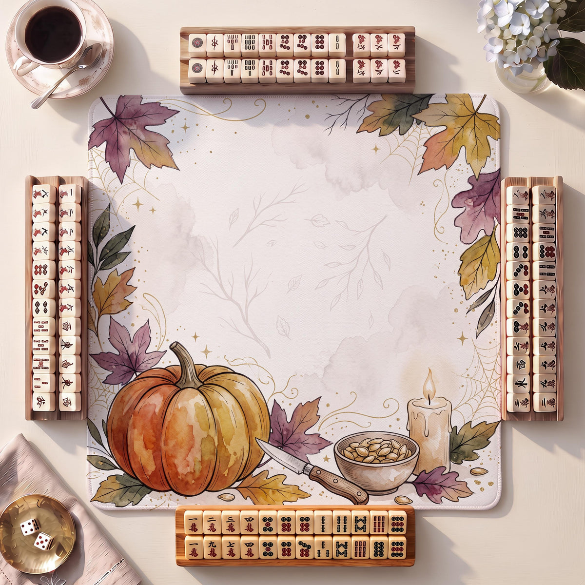 Mahjong Mat, Pumpkin Carving Station Halloween Watercolor Print - American Mahjong Gifts and Accessories