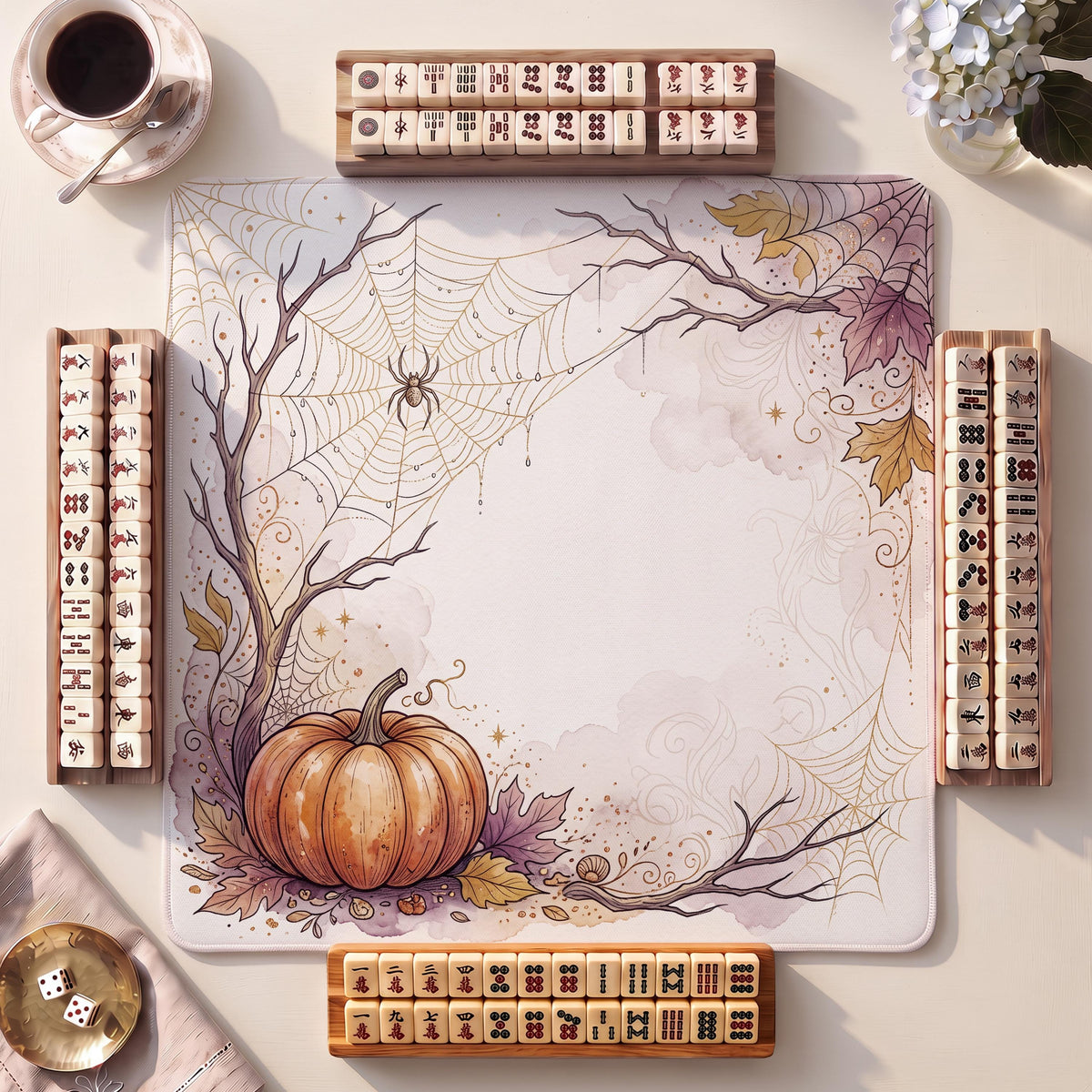 Mahjong Mat, Spiderweb Centerpiece Halloween Watercolor Print - American Mahjong Gifts and Accessories
