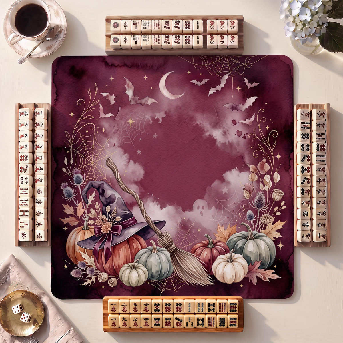 Mahjong Mat, Halloween Scene Halloween Watercolor Print - For Family Game Night