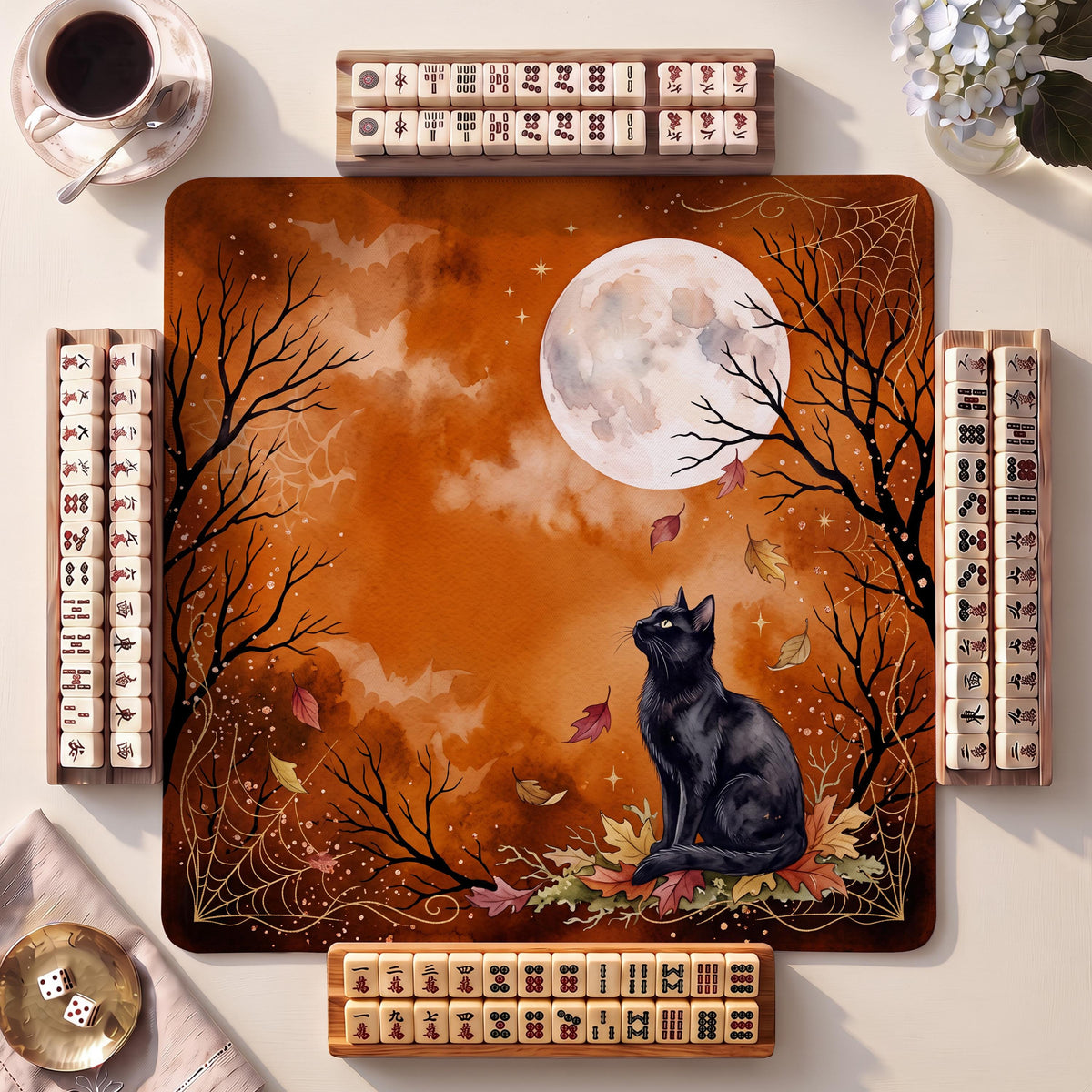 Mahjong Mat, Halloween Scene Halloween Watercolor Print - For Family Game Night