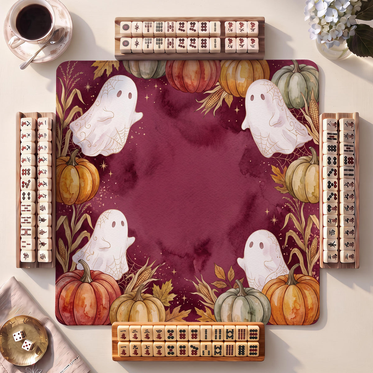 Mahjong Mat, Ghost Trio Halloween Watercolor Print - American Mahjong Gifts and Accessories