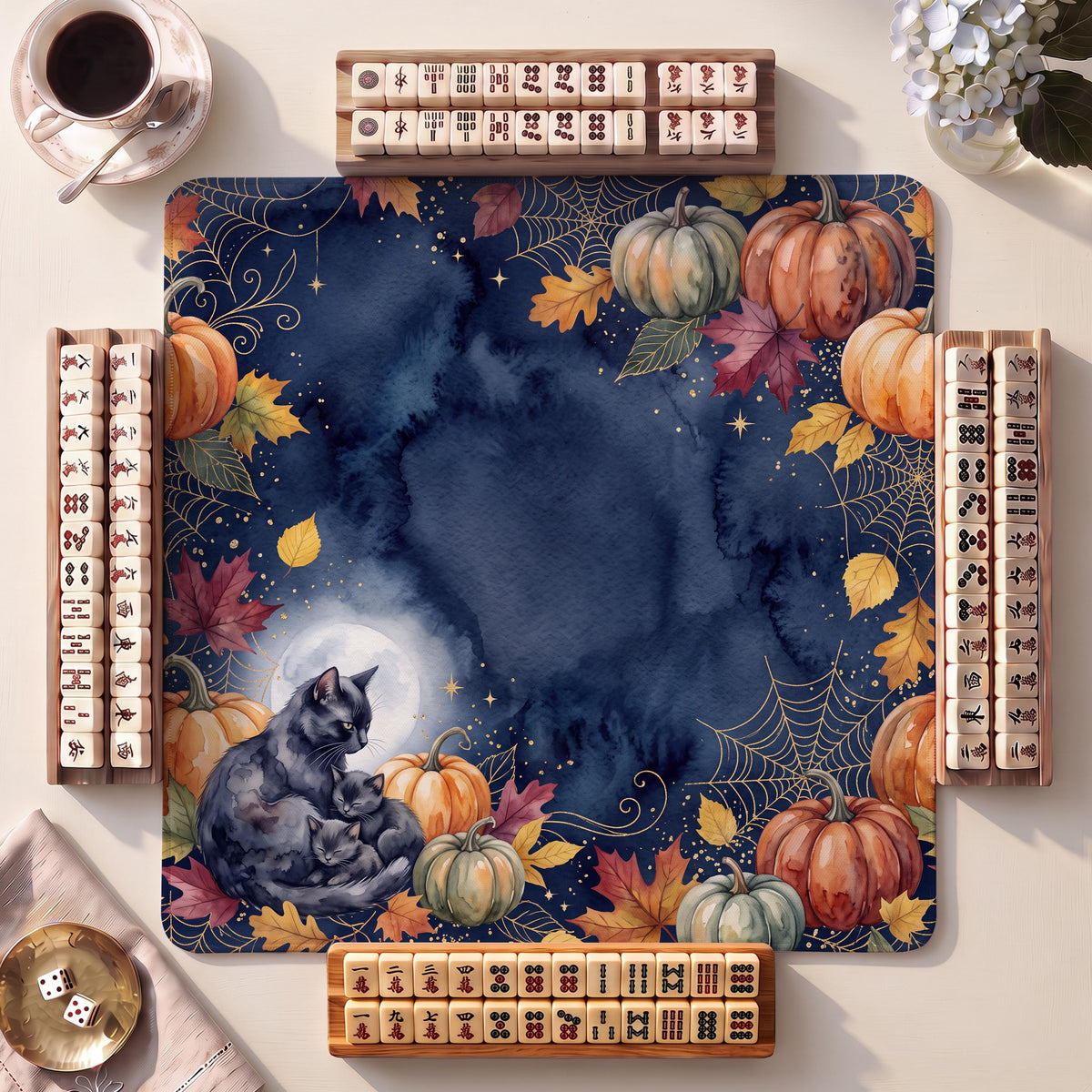 Mahjong Mat, Black Cat Family Halloween Watercolor Print - American Mahjong Gifts and Accessories
