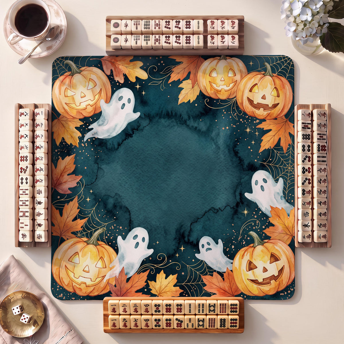 Mahjong Mat, Ghost Jackolanterns Halloween Watercolor Print - American Mahjong Gifts and Accessories