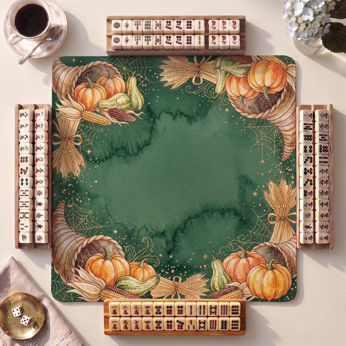 Mahjong Mat, Harvest Cornucopia Halloween Watercolor Print - American Mahjong Gifts and Accessories