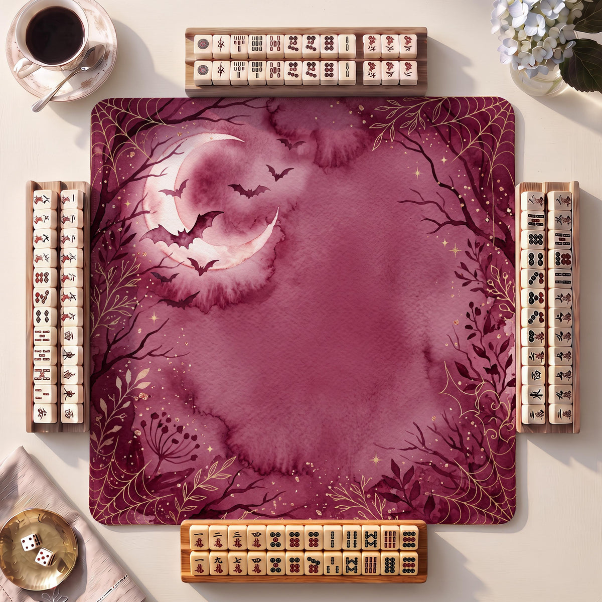 Mahjong Mat, Bats Warm Moon Halloween Watercolor Print - American Mahjong Gifts and Accessories