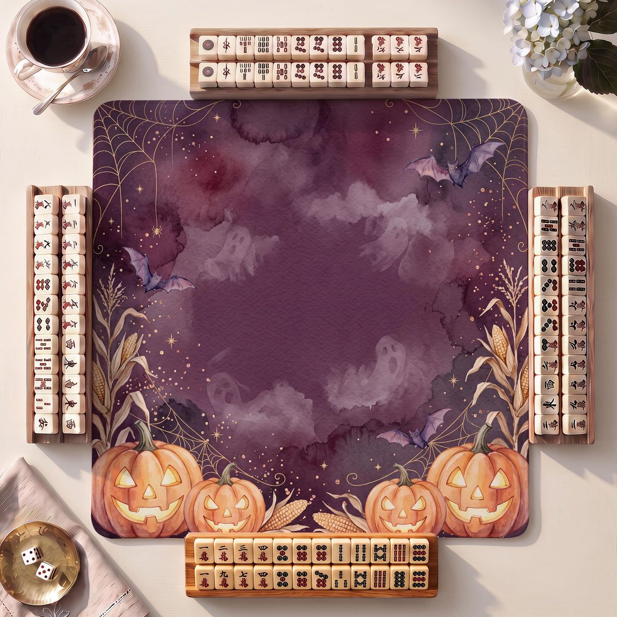 Mahjong Mat, Plum Pumpkins Halloween Watercolor Print - American Mahjong Gifts and Accessories
