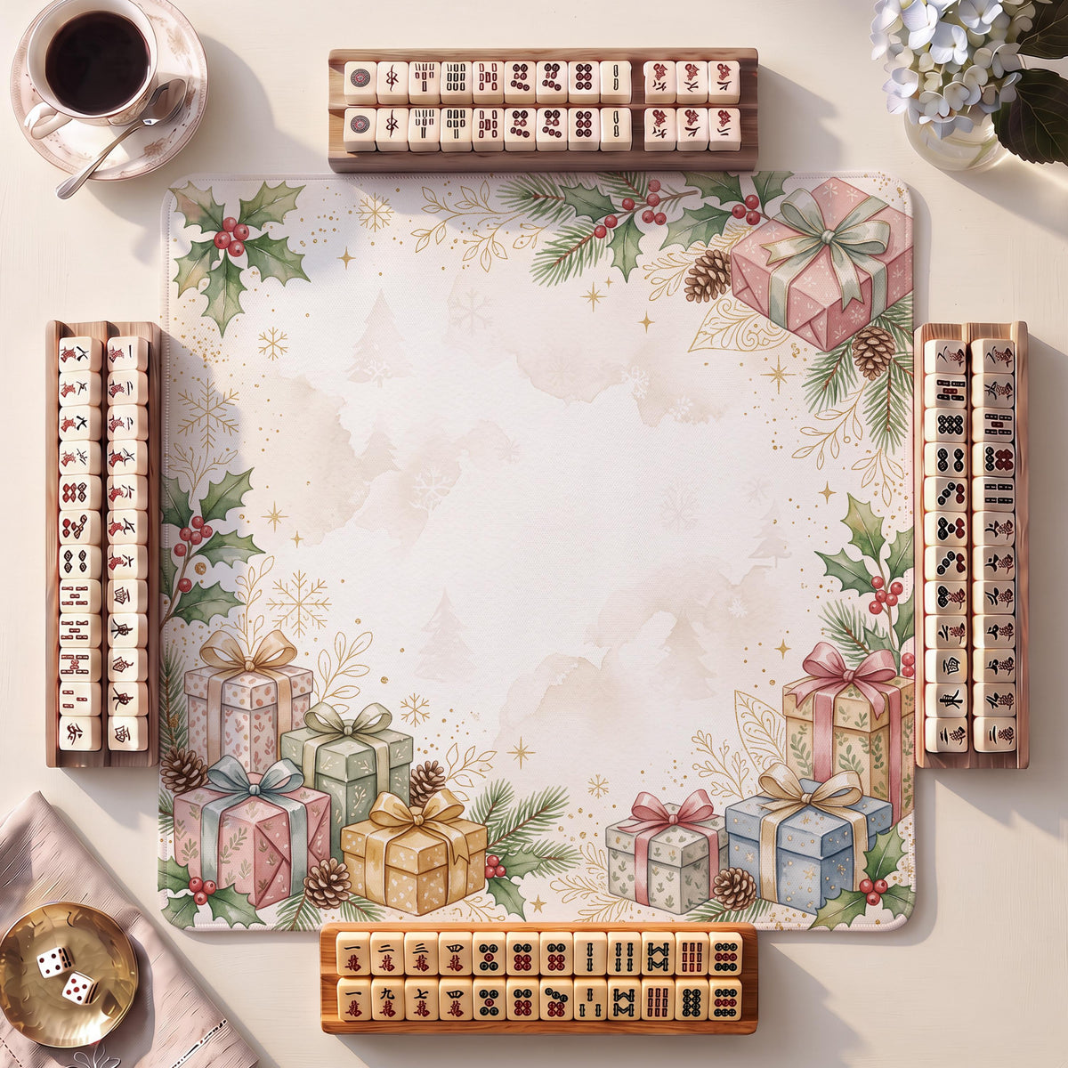 Mahjong Mat, Gift Boxes Ribbon Christmas Watercolor Print - American Mahjong Gifts and Accessories