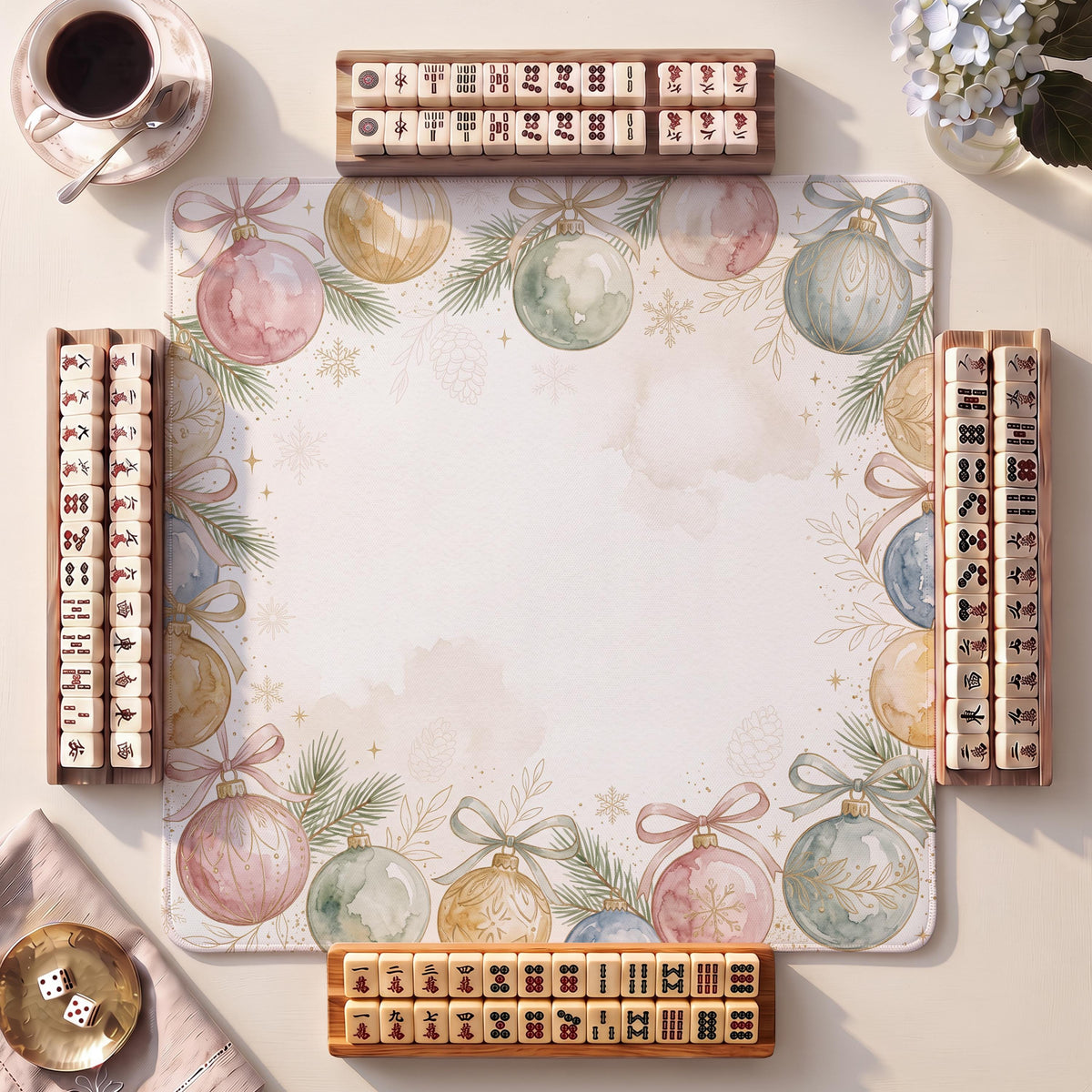 Mahjong Mat, Ornament Baubles Christmas Watercolor Print - American Mahjong Gifts and Accessories
