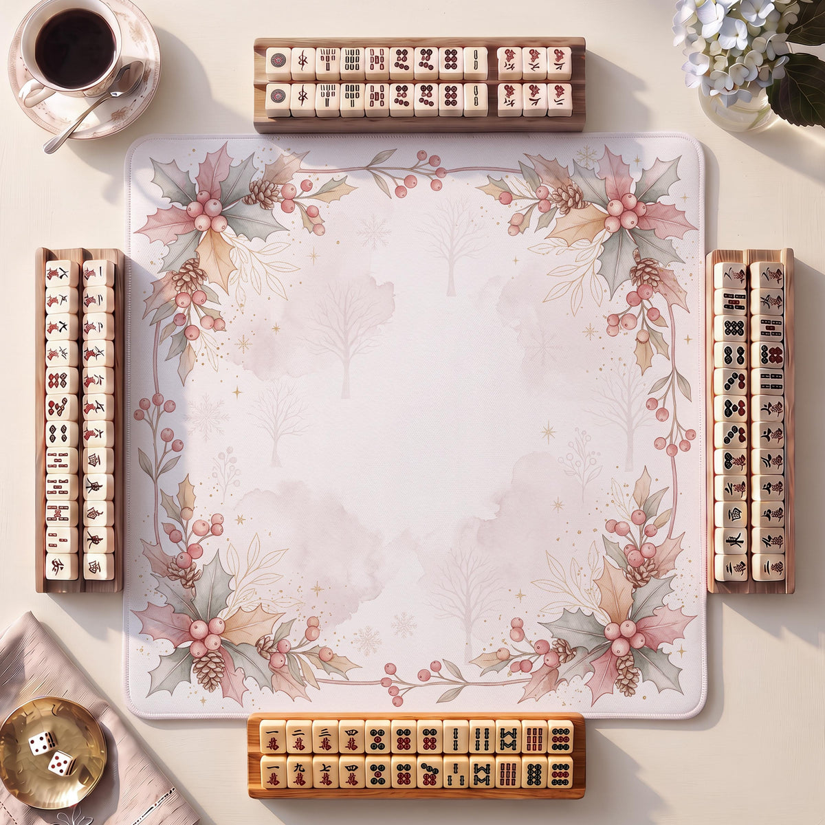 Mahjong Mat, Holly Berries Christmas Watercolor Print - For Family Game Night