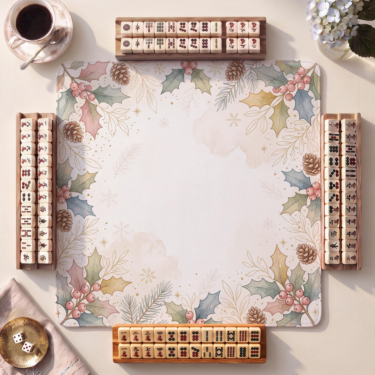 Mahjong Mat, Holly Berries Christmas Watercolor Print - For Family Game Night