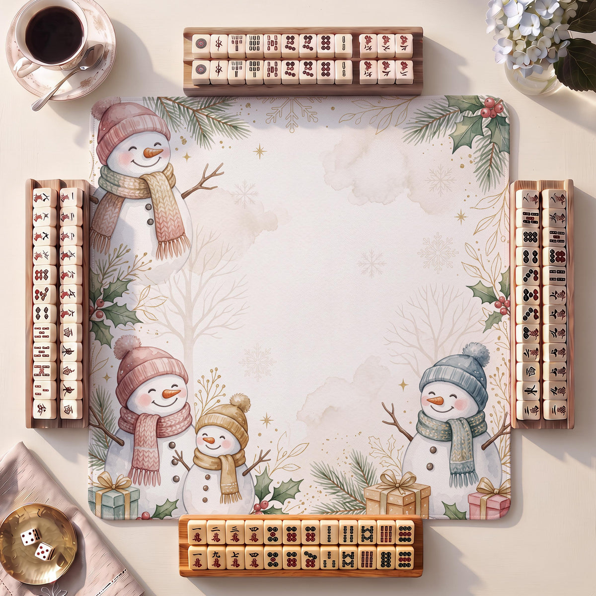Mahjong Mat, Snowman Family Christmas Watercolor Print - American Mahjong Gifts and Accessories