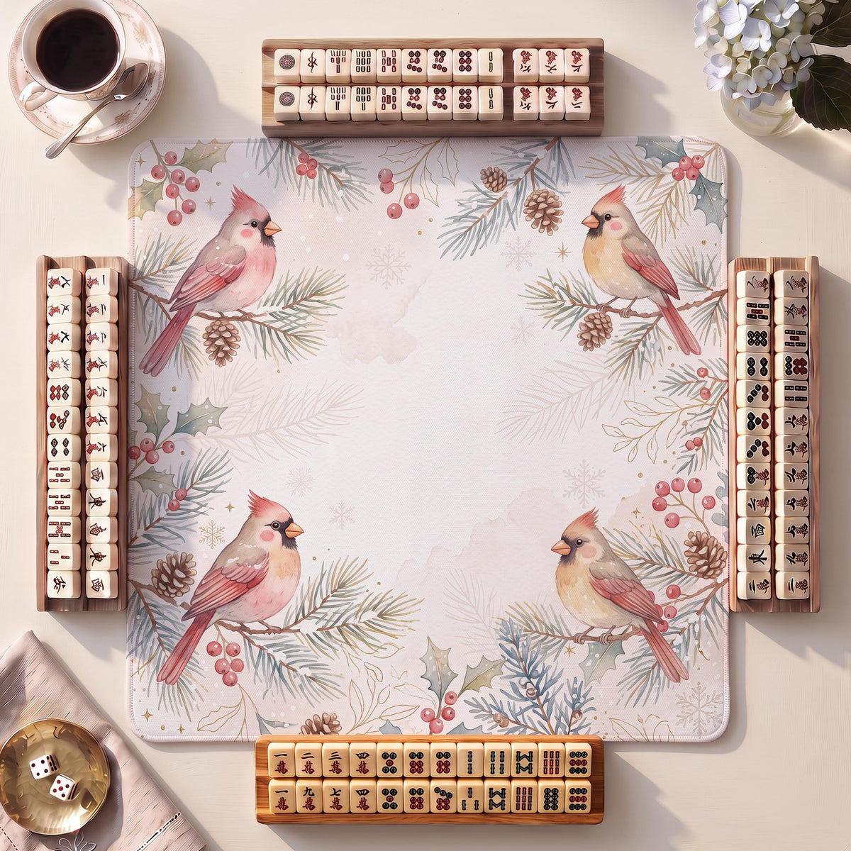 Mahjong Mat, Cardinal Snow Christmas Watercolor Print - American Mahjong Gifts and Accessories