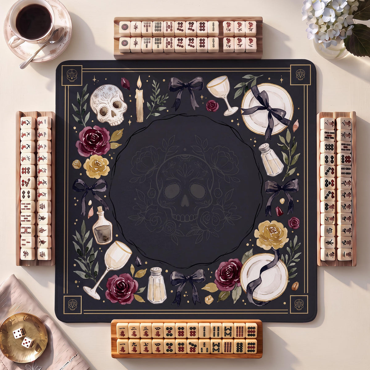 Mahjong Mat, Ornamental Skull & Rose Halloween Watercolor Print - American Mahjong Gifts and Accessories