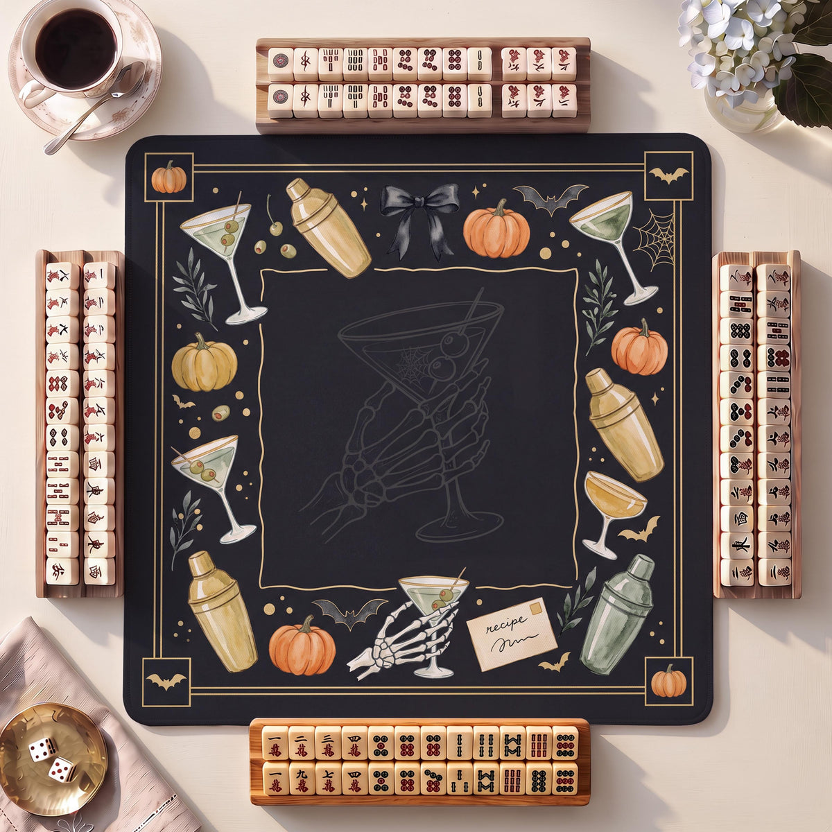 Mahjong Mat, Classic Pumpkin Martini Halloween Watercolor Print - American Mahjong Gifts and Accessories