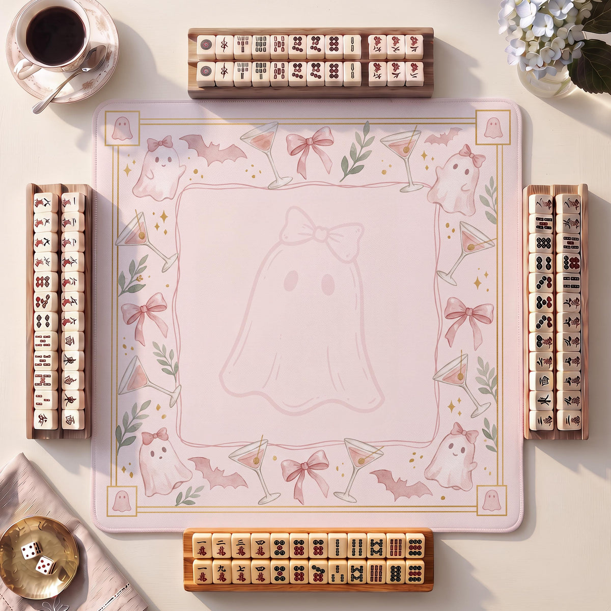 Mahjong Mat, Blush Pink Boo Halloween Watercolor Print - American Mahjong Gifts and Accessories
