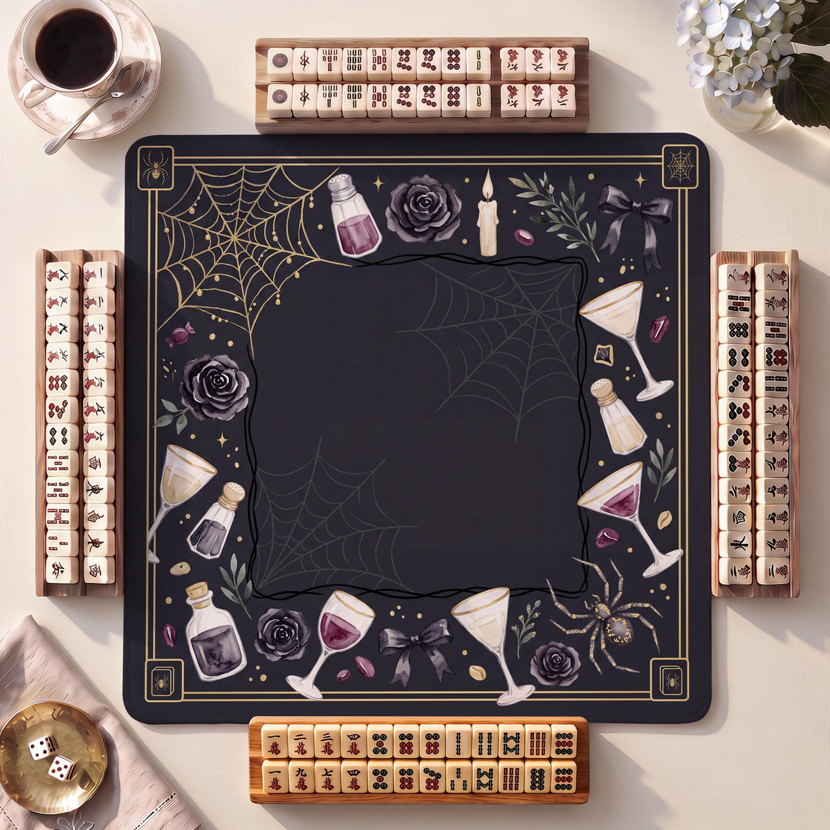 Mahjong Mat, Gilded Spiderweb Martini Halloween Watercolor Print - American Mahjong Gifts and Accessories