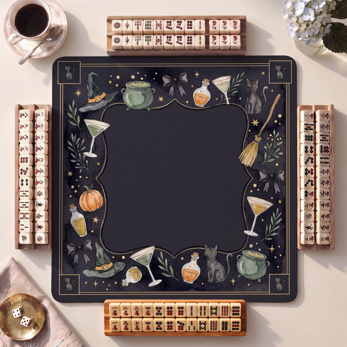 Mahjong Mat, Witchy Bar Cart Halloween Watercolor Print - American Mahjong Gifts and Accessories