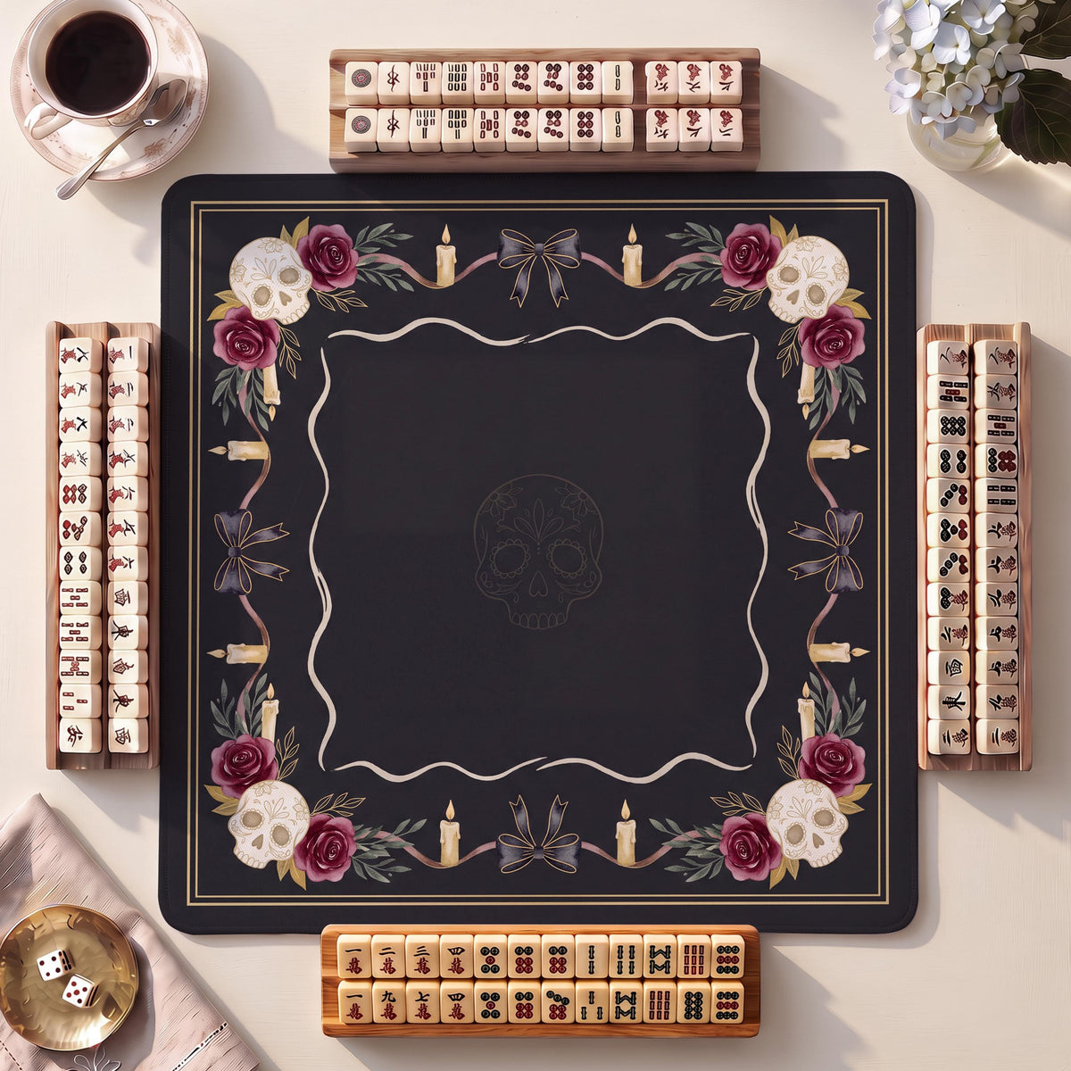 Mahjong Mat, Sugar Skull Rose Wreath Halloween Watercolor Print - American Mahjong Gifts and Accessories