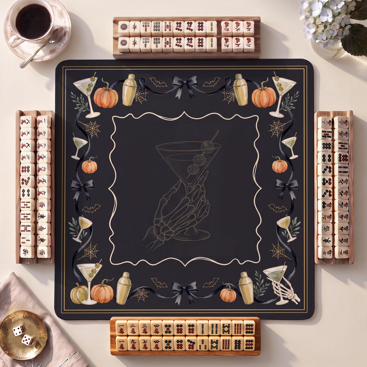 Mahjong Mat, Playful Skeleton Toast Halloween Watercolor Print - American Mahjong Gifts and Accessories