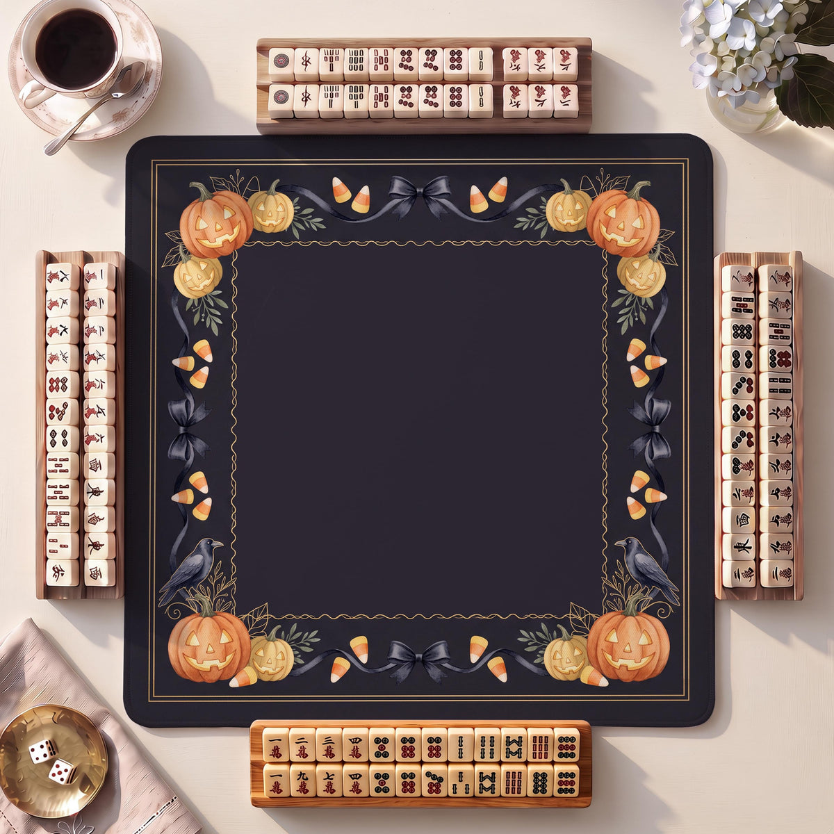 Mahjong Mat, Candy Corn Pumpkin Patch Halloween Watercolor Print - American Mahjong Gifts and Accessories