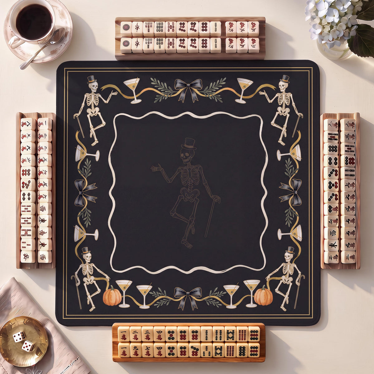 Mahjong Mat, Dancing Skeleton Cocktail Hour Halloween Watercolor Print - American Mahjong Gifts and Accessories