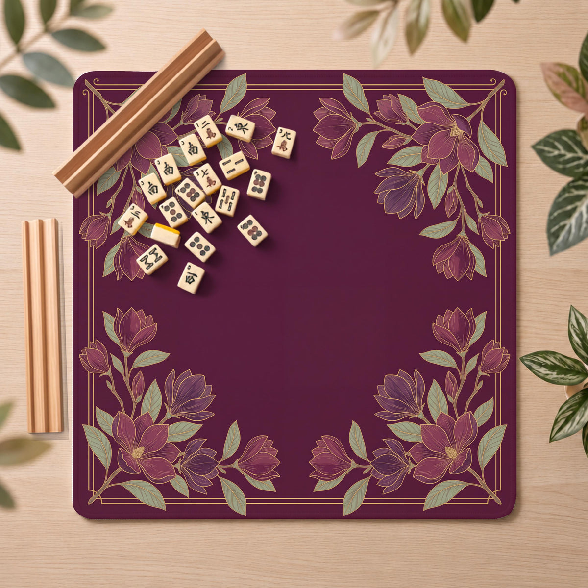 Magnolia Mahjong Mat, Wine Sage Print, Non-Slip Fabric with Storage Bag