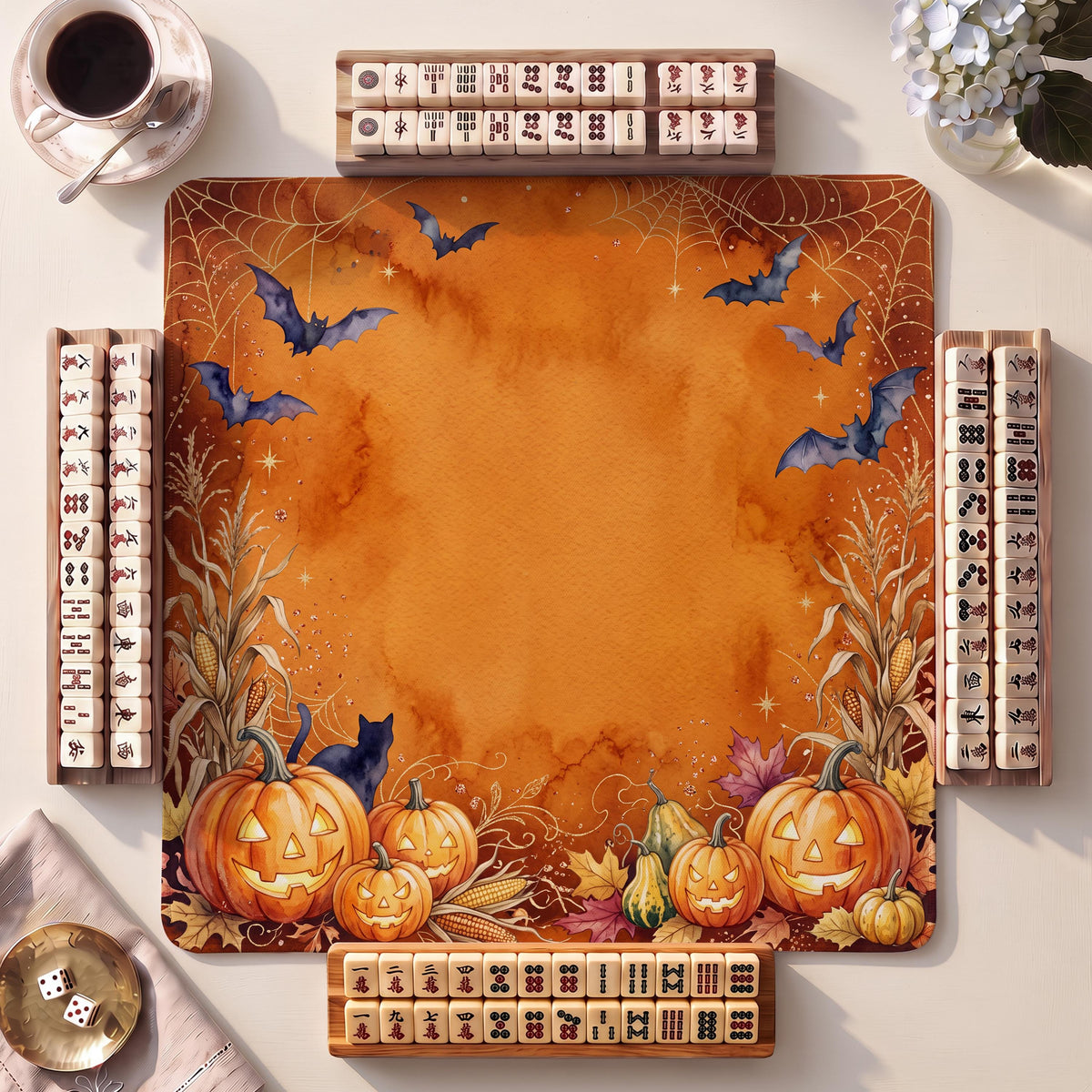 Mahjong Mat, Pumpkin Patch Orange Filled Halloween Watercolor Print - American Mahjong Gifts and Accessories